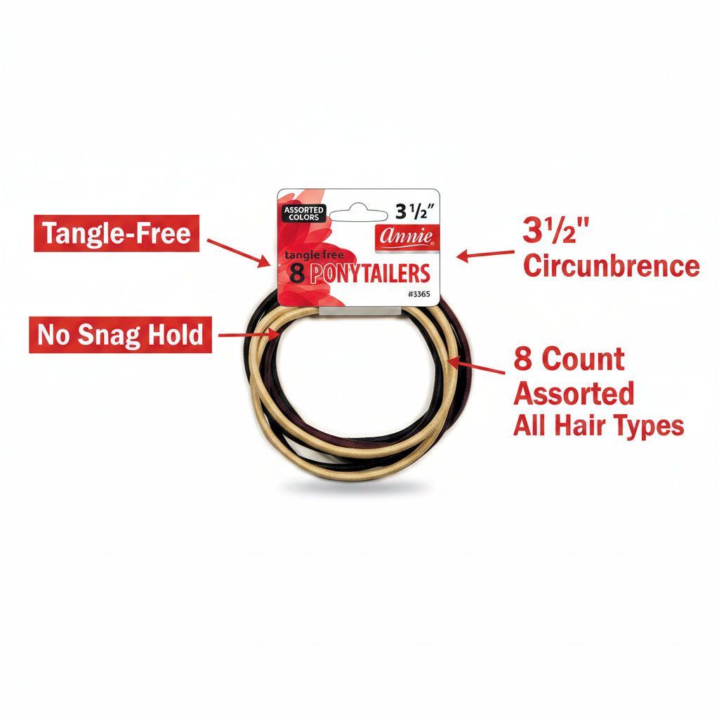 Annie Tangle Free Ponytailers, 8 Count, Assorted Colors featuring 3½ inch circumference bands designed for no snag hold and tangle-free styling suitable for all hair types.