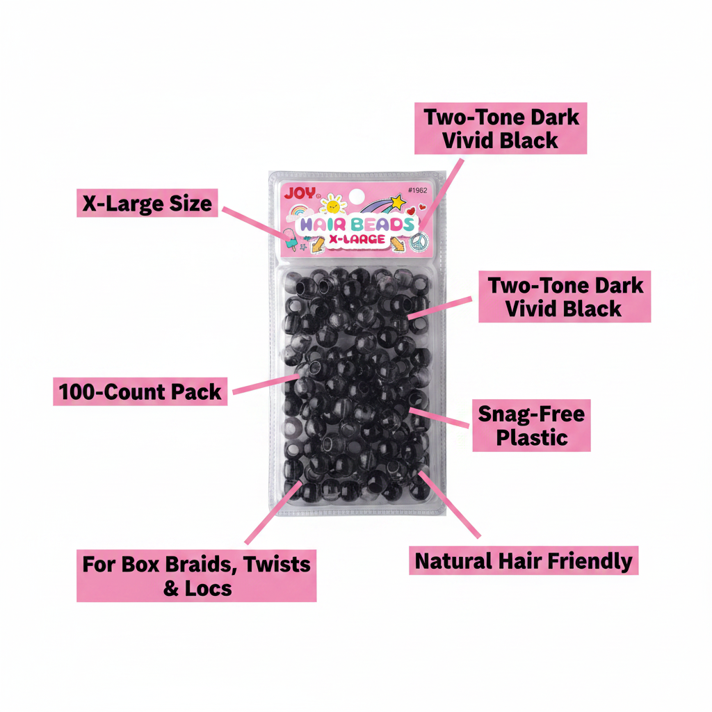 Joy Round Hair Beads X-Large, 100 Count, Two Tone Dark Vivid Black featuring extra-large black two-tone beads made from snag-free plastic, ideal for box braids, twists, and locs.