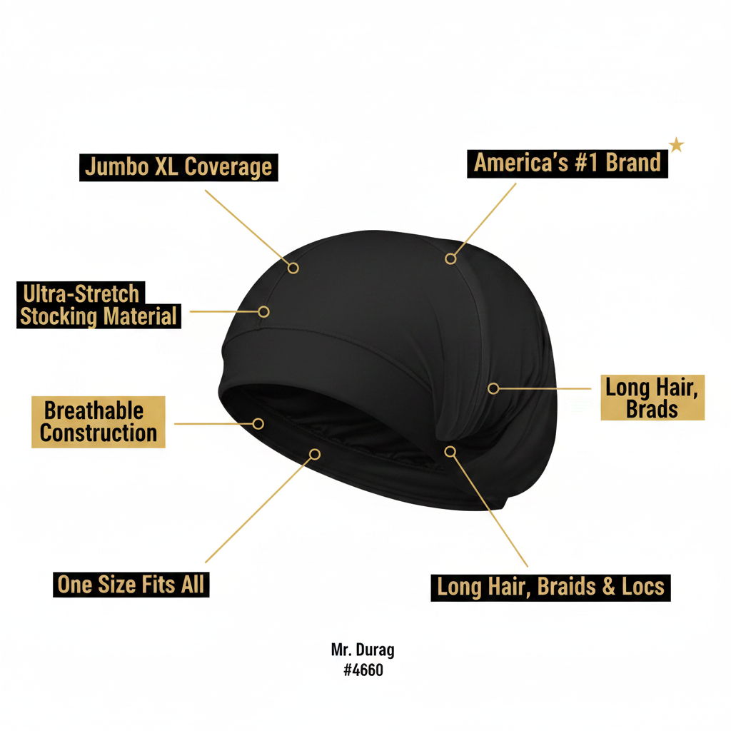 Mr. Durag Stylish Jumbo Stocking Cap, 1 Count, Black featuring ultra-stretch breathable fabric with jumbo XL coverage, designed to fit all sizes and accommodate long hair, braids, and locs.