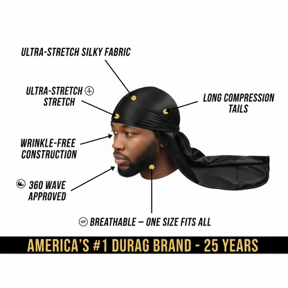 Mr. Durag Premium Durag, 1 Count, Black shown on a man highlighting features including ultra-stretch silky fabric, long compression tails, wrinkle-free design, breathable fit, and 360 wave approval.