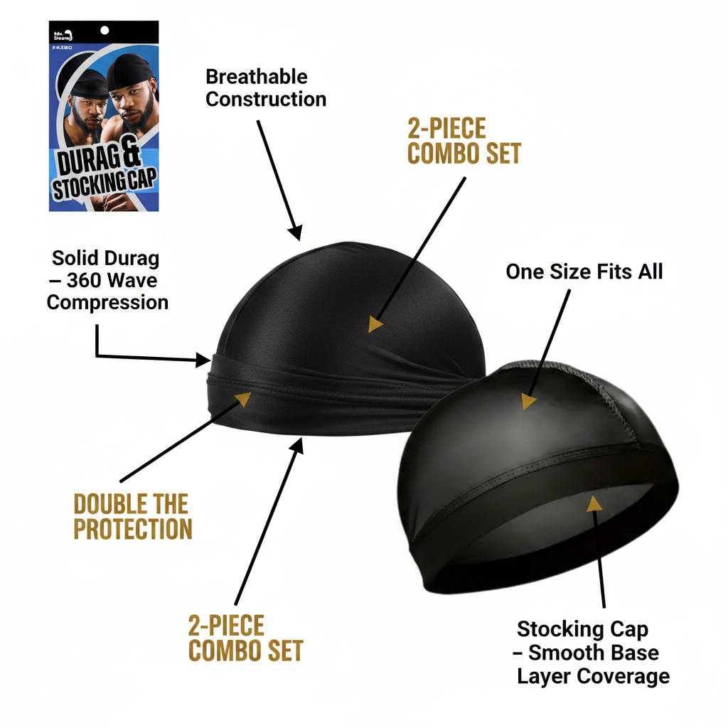 Mr. Durag Silky Durag And Stocking Cap, 2 Count, Black featuring a breathable, solid durag for 360 wave compression paired with a smooth stocking cap base layer, one size fits all.