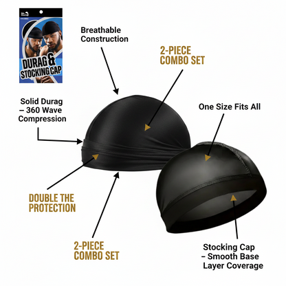 Mr. Durag Silky Durag And Stocking Cap, 2 Count, Black featuring a breathable, solid durag for 360 wave compression paired with a smooth stocking cap base layer, one size fits all.