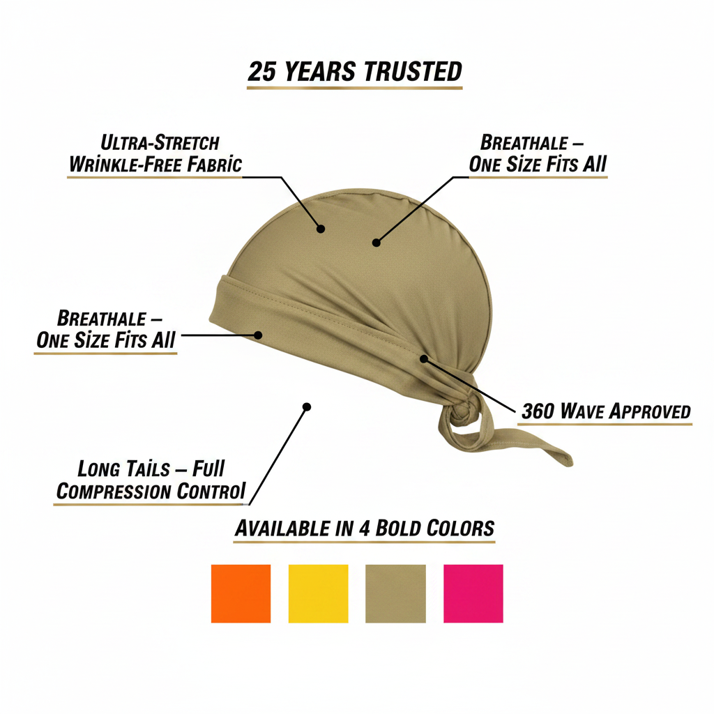 Mr. Durag Solid Durag, 1 Count, Assorted Colors shown in tan, featuring breathable, ultra-stretch wrinkle-free fabric with long tails for full compression and 360 wave approval.