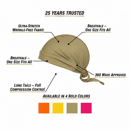 Mr. Durag Solid Durag, 1 Count, Assorted Colors shown in tan, featuring breathable, ultra-stretch wrinkle-free fabric with long tails for full compression and 360 wave approval.