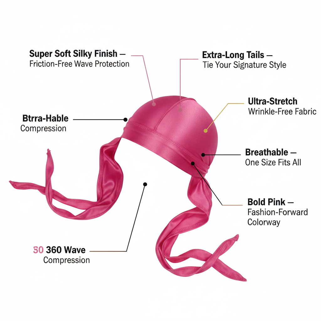 Mr. Durag Premium Silky Deluxe Durag, 1 Count, Pink shown with smooth, ultra-stretch, breathable fabric featuring extra-long tails, durable compression, and a vibrant fashion-forward color for wave training.