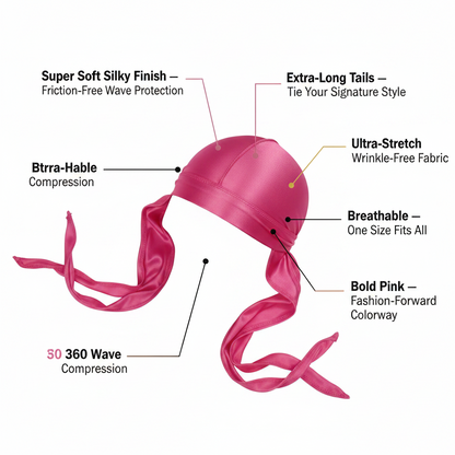 Mr. Durag Premium Silky Deluxe Durag, 1 Count, Pink shown with smooth, ultra-stretch, breathable fabric featuring extra-long tails, durable compression, and a vibrant fashion-forward color for wave training.