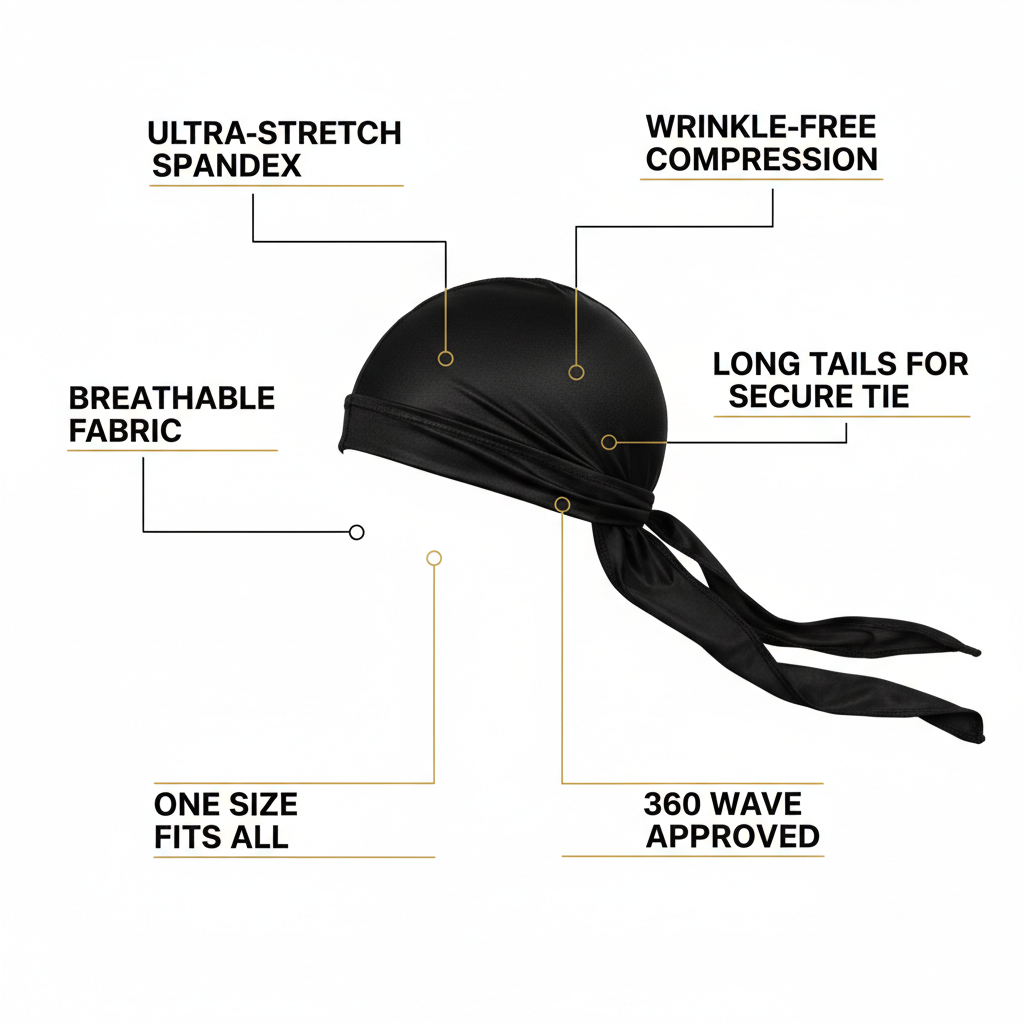 Mr. Durag Spandex Durag, 1 Count, Black shown with callouts highlighting ultra-stretch spandex, breathable fabric, wrinkle-free compression, long tails for secure tie, one size fits all, and 360 wave approved features.
