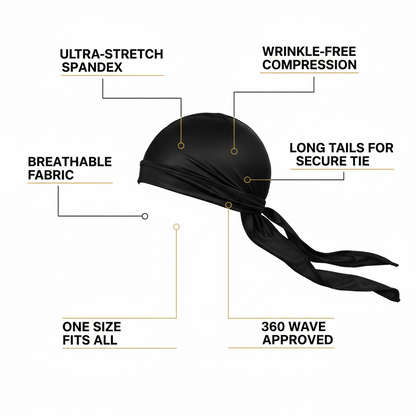 Mr. Durag Spandex Durag, 1 Count, Black shown with callouts highlighting ultra-stretch spandex, breathable fabric, wrinkle-free compression, long tails for secure tie, one size fits all, and 360 wave approved features.