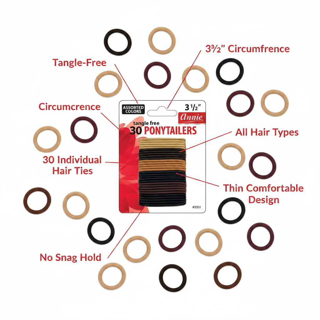 Annie Tangle Free Ponytailers 3 1/2 Inch, 30 Count, Assorted Colors displayed with callouts highlighting tangle-free, no snag hold, thin comfortable design, suitable for all hair types.