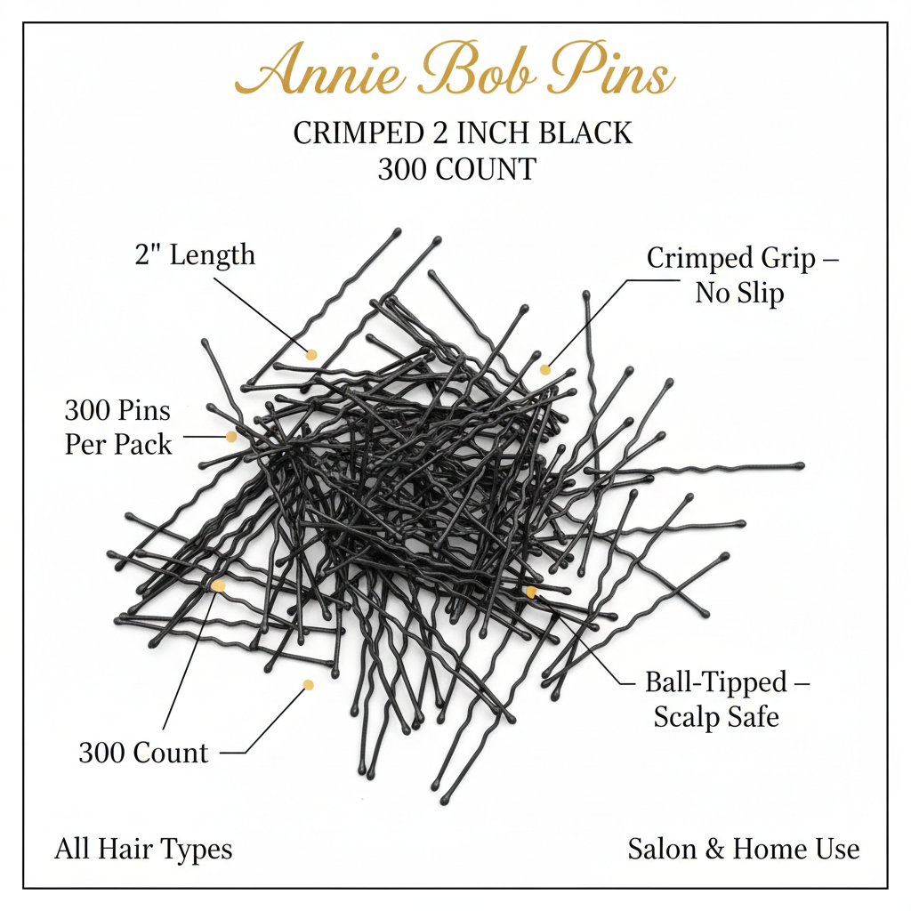 Annie Bob Pins Crimped 2 Inch, 300 Count, Black featuring crimped grip for secure hold, ball-tipped ends for scalp comfort, suitable for all hair types, ideal for salon and home styling.