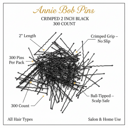 Annie Bob Pins Crimped 2 Inch, 300 Count, Black featuring crimped grip for secure hold, ball-tipped ends for scalp comfort, suitable for all hair types, ideal for salon and home styling.