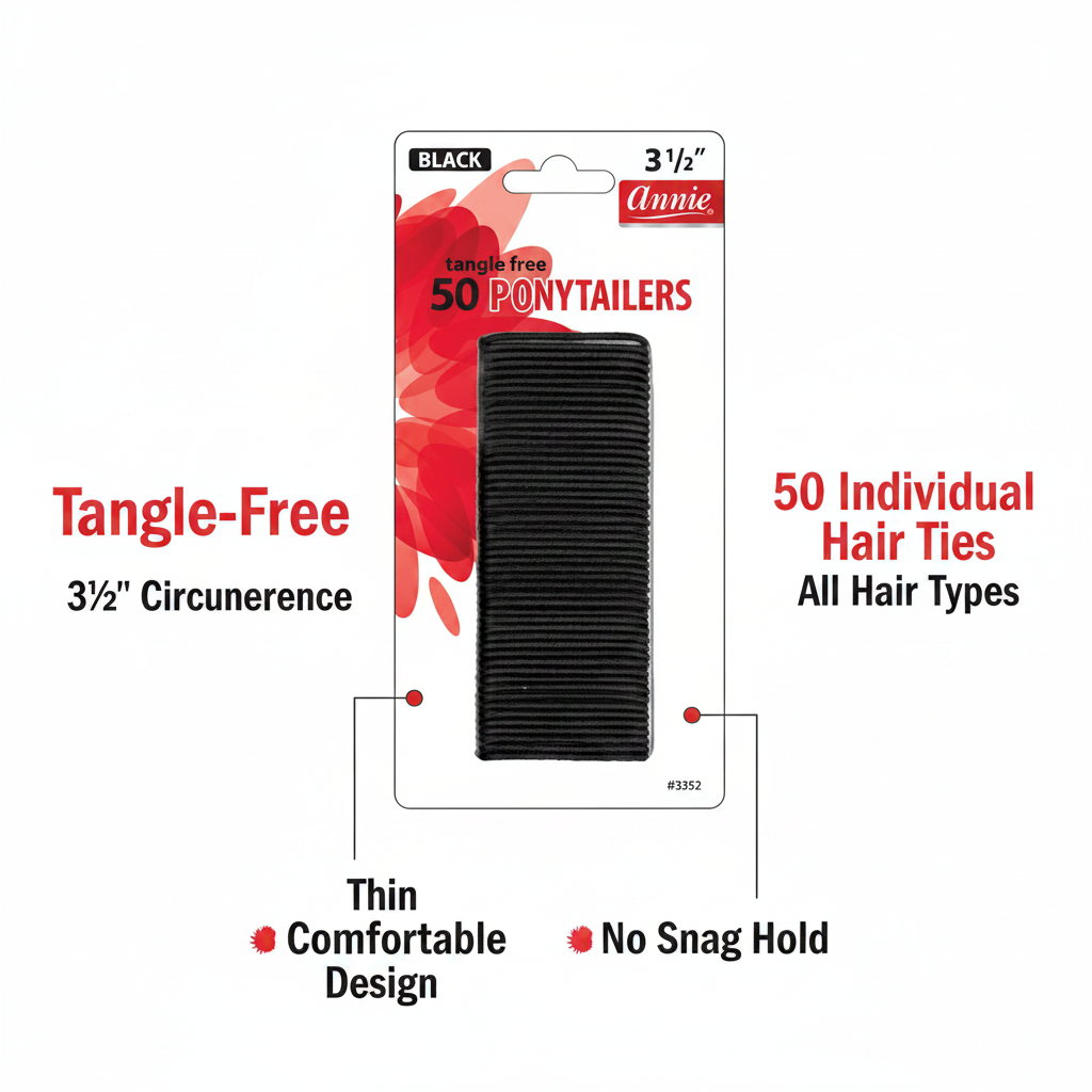Annie Tangle Free Ponytailers Thin 3 1/2 Inch, 50 Count, Black displayed with key features highlighting a thin, comfortable design offering tangle-free, no snag hold for all hair types.