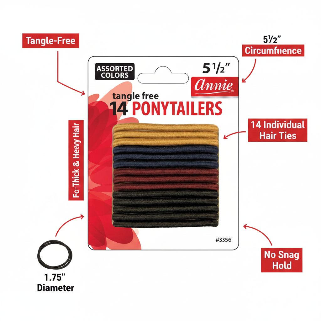 Annie Tangle Free Ponytailers Thick 5 1/2 Inch, 14 Count, Assorted Color shown in a compact pack featuring assorted colors, designed for thick, heavy hair with no snag hold and tangle-free performance.