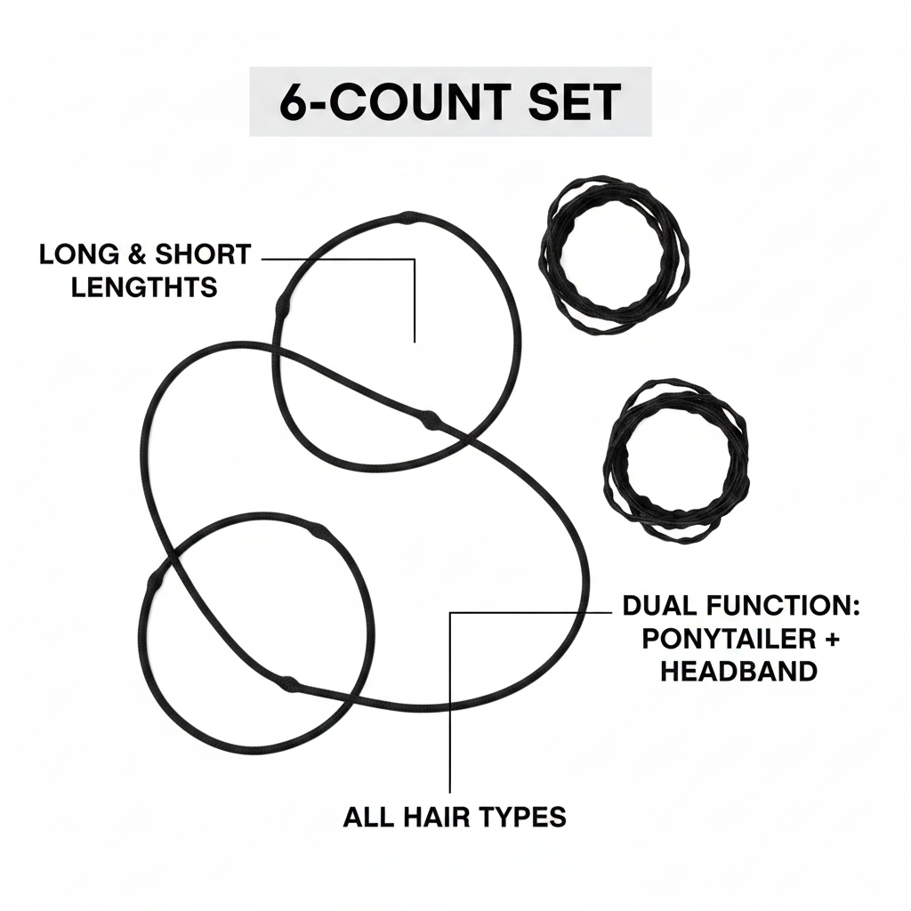 Annie Ponytailer Set, 6 Count, Black featuring elastic hair ties in varied lengths with a versatile design for ponytail or headband use, suitable for all hair types.