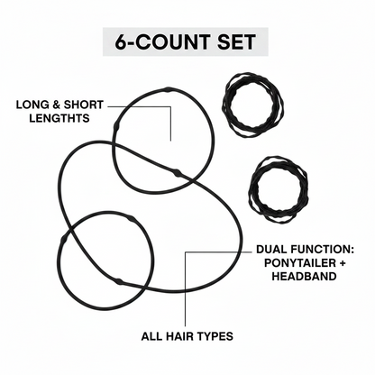 Annie Ponytailer Set, 6 Count, Black featuring elastic hair ties in varied lengths with a versatile design for ponytail or headband use, suitable for all hair types.
