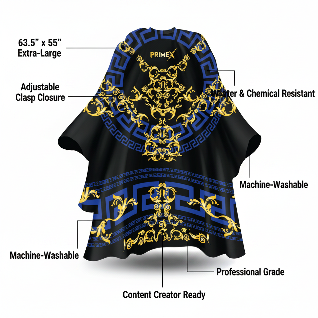 PrimeX Premium Professional Barber Cape, 1 Count, Lux featuring a large 63.5" by 55" design with adjustable clasp closure, water and chemical resistance, machine-washable fabric, and professional-grade quality ideal for barber supplies and content creators.