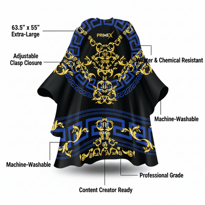 PrimeX Premium Professional Barber Cape, 1 Count, Lux featuring a large 63.5" by 55" design with adjustable clasp closure, water and chemical resistance, machine-washable fabric, and professional-grade quality ideal for barber supplies and content creators.