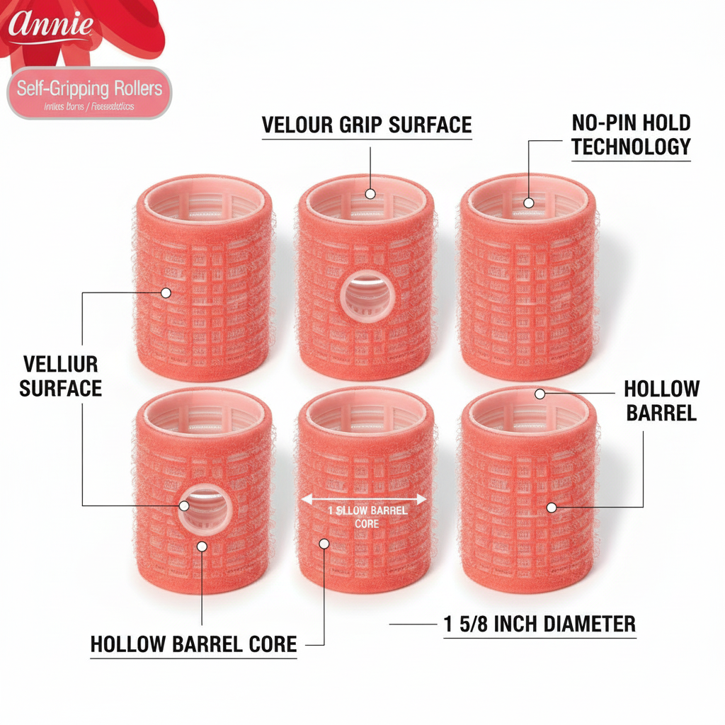 Six pink self-gripping hair rollers featuring a velour grip texture, hollow barrel core, and no-pin hold technology, designed for secure, gentle styling of textured hair.
