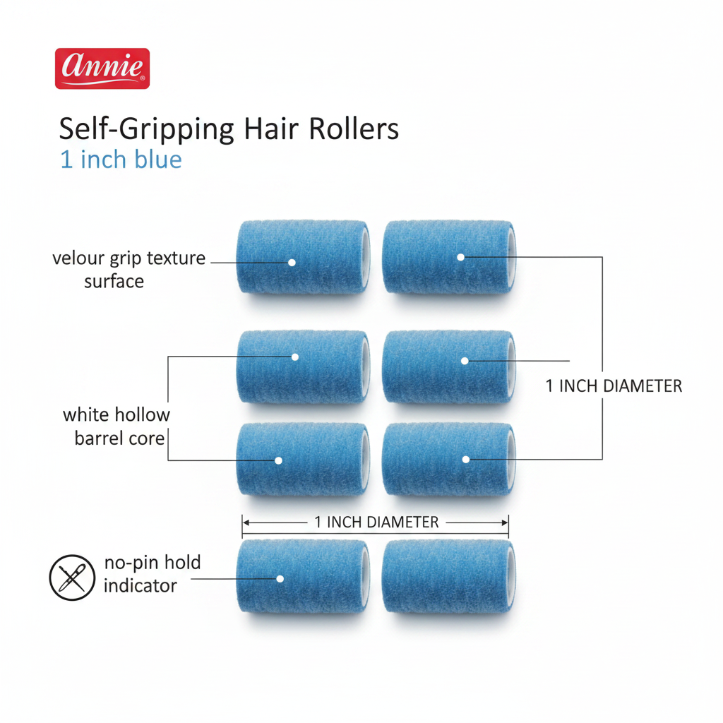 Six blue self-gripping hair rollers featuring a velour texture and hollow core, measuring one inch in diameter, designed for secure, pin-free hold on textured hair.