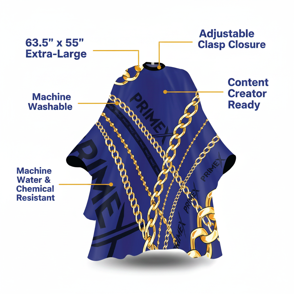 PrimeX Premium Professional Barber Cape, 1 Count, Chains features an extra-large 63.5 by 55-inch design with adjustable clasp closure, machine washable, water and chemical resistant fabric, and bold chain pattern ideal for professional barber use.
