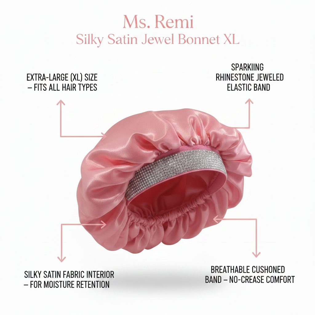 Extra-large pink satin bonnet featuring a sparkling rhinestone jeweled elastic band, breathable cushioned edge for no-crease comfort, and silky interior to retain moisture for all hair types.