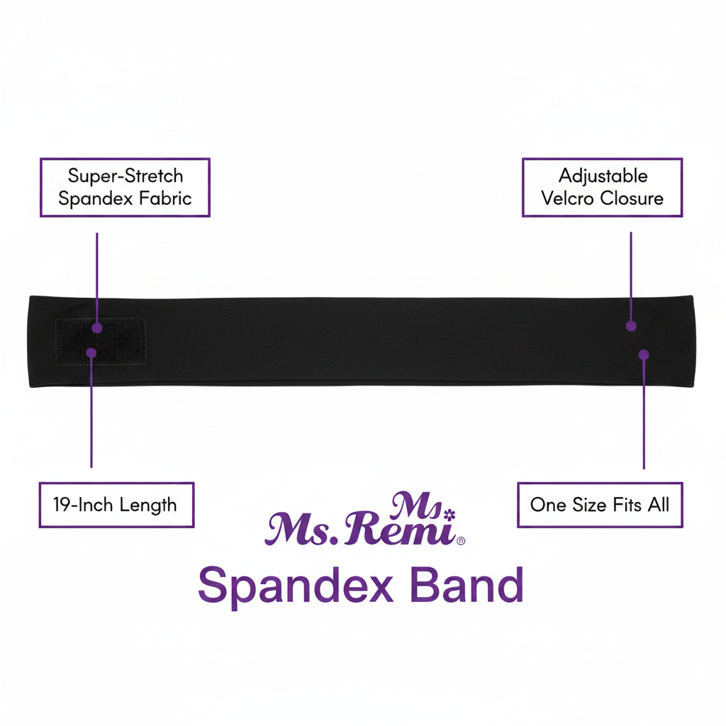 Black spandex band with adjustable Velcro closure, designed for a secure, customizable fit and made from super-stretch synthetic fabric to comfortably hold textured hair styles.