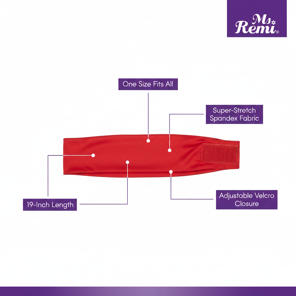 Red synthetic spandex hair band featuring a 19-inch length, adjustable Velcro closure, and super-stretch fabric for a secure, customizable fit on textured hair.
