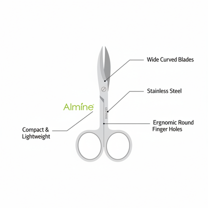 Silver curved nail scissors with wide blades, ergonomic round finger holes, compact and lightweight design made of stainless steel for precise grooming.