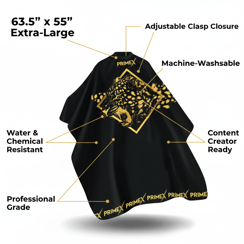 PrimeX Premium Professional Barber Cape, 1 Count, Jaguar featuring an extra-large 63.5 by 55-inch black fabric with golden jaguar graphic, adjustable clasp, machine-washable, water and chemical resistant, professional grade, and content creator ready.