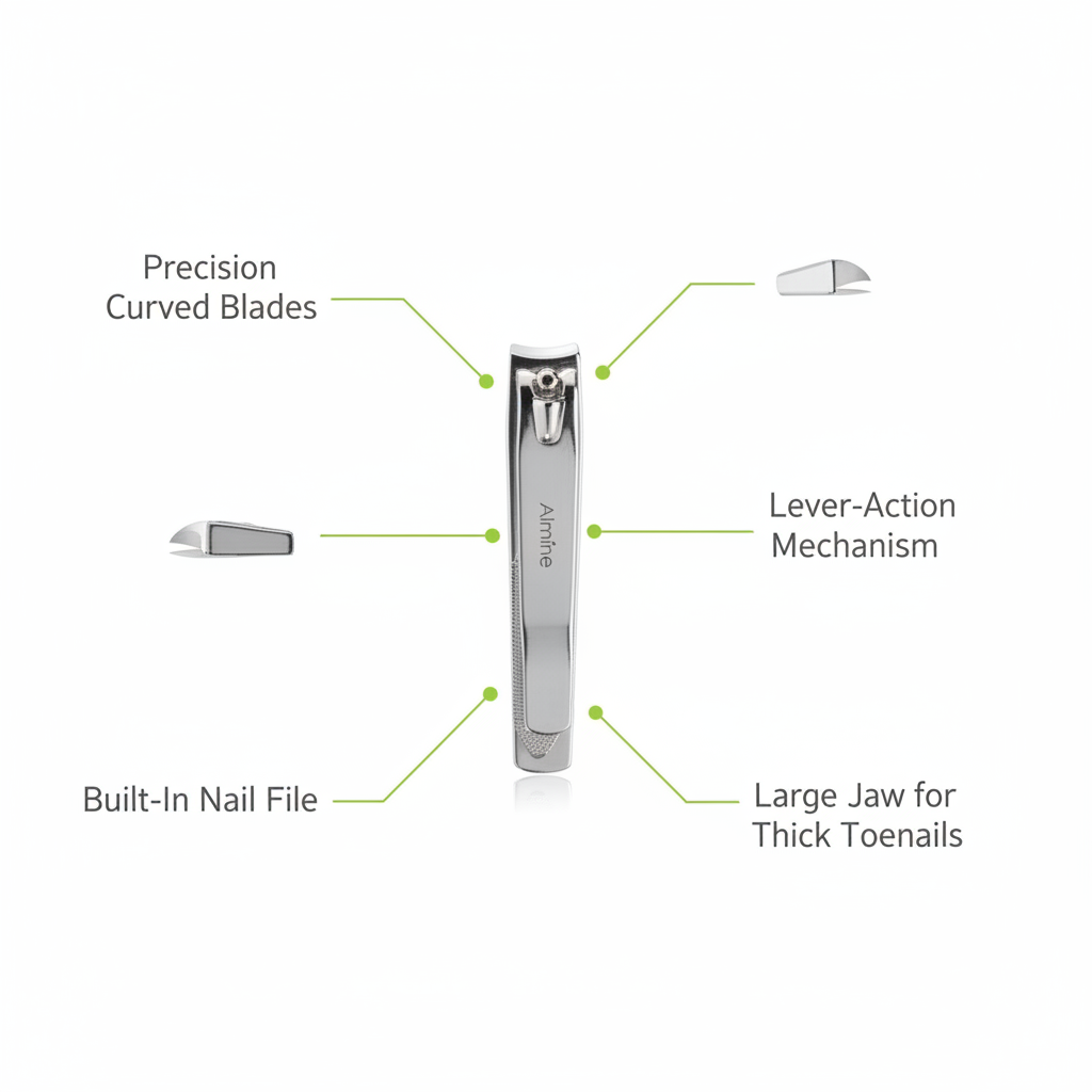 Silver toenail clipper with precision curved blades, lever-action mechanism, built-in nail file, and a large jaw designed for thick toenails.