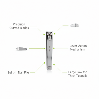 Silver toenail clipper with precision curved blades, lever-action mechanism, built-in nail file, and a large jaw designed for thick toenails.