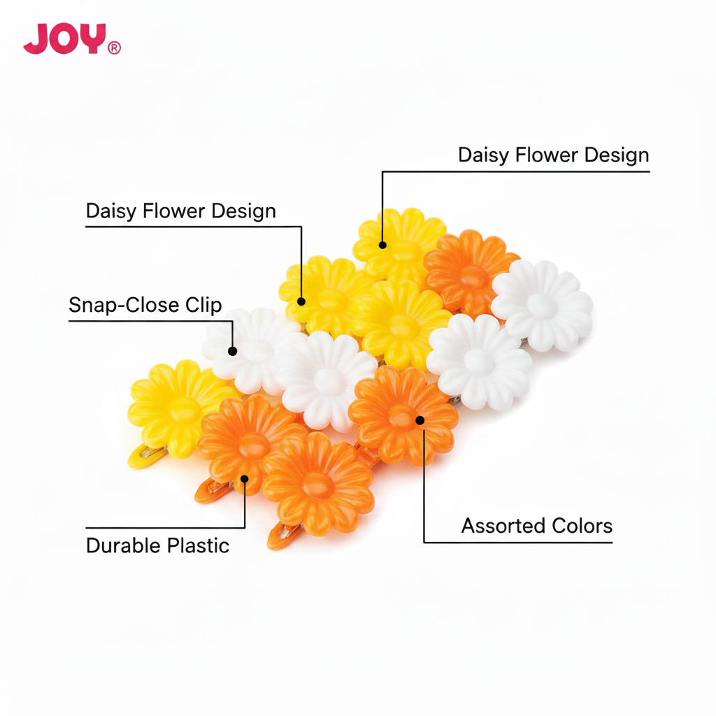 Assorted orange, white, and yellow daisy-shaped barrettes made of durable plastic with snap-close clips, designed for secure hold and styled for textured hair.