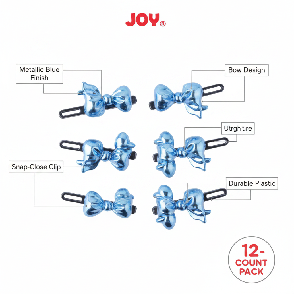 Set of 12 metallic blue bow-shaped snap-close barrettes made from durable plastic, designed for secure hold and gentle on textured hair, featuring a smooth finish.