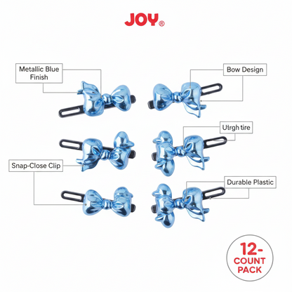 Set of 12 metallic blue bow-shaped snap-close barrettes made from durable plastic, designed for secure hold and gentle on textured hair, featuring a smooth finish.