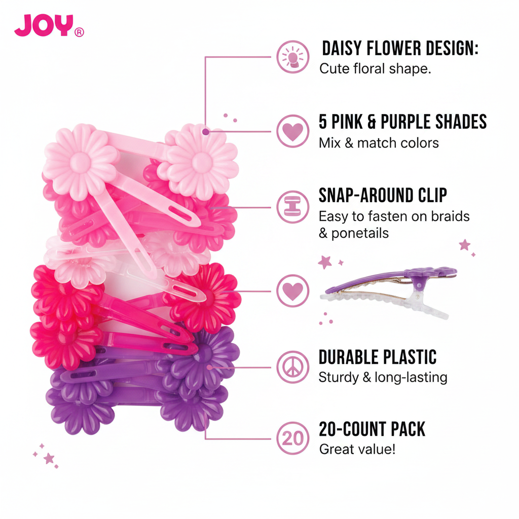 Set of 20 assorted pink and purple daisy-shaped snap-around barrettes made of durable plastic, designed for easy fastening on textured, braided, or ponytailed hair.