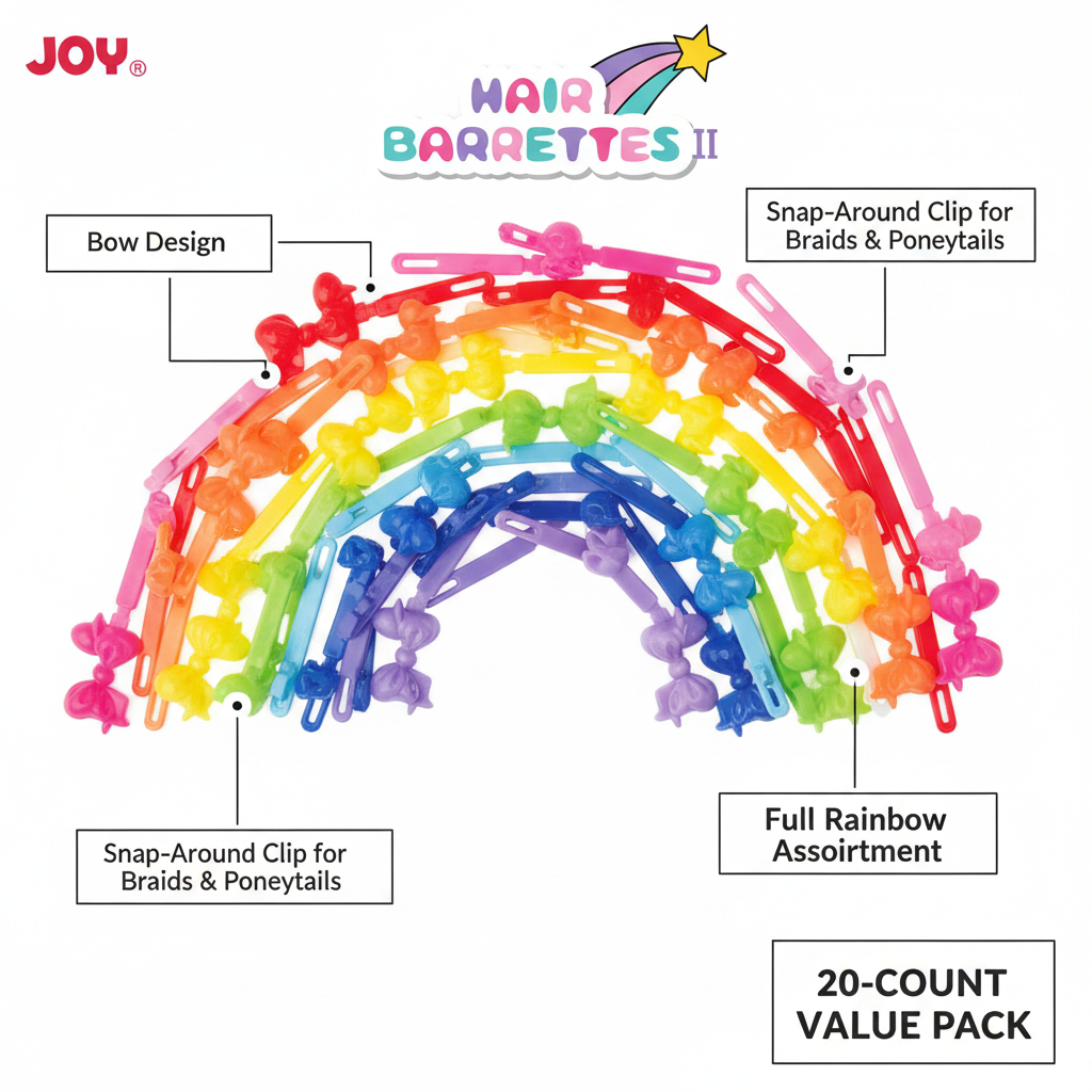 Colorful assorted hair barrettes arranged in a rainbow, featuring snap-around clips with bow designs, designed for hold on braids and ponytails in textured hair styling.