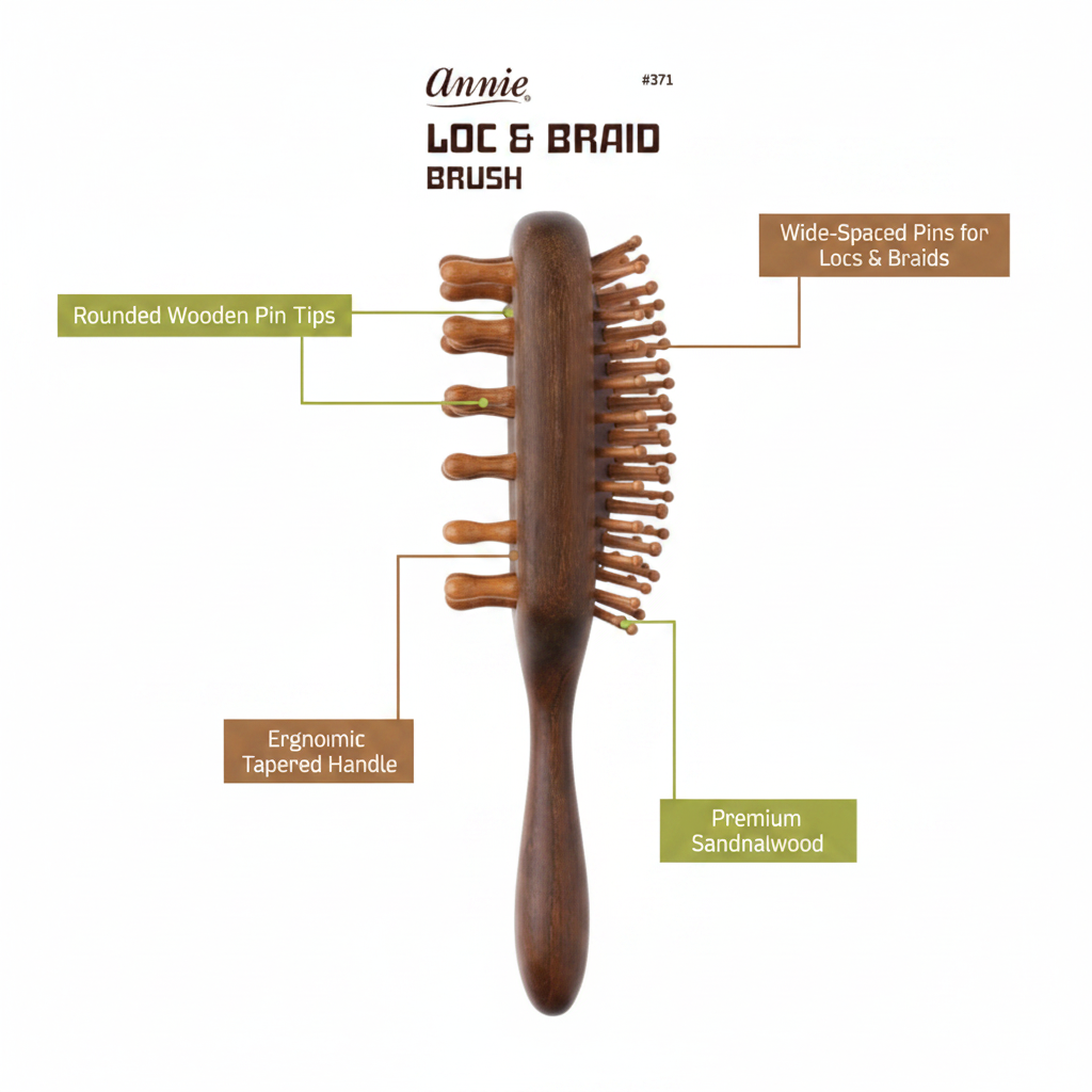 Annie Loc & Braid brush made of premium sandalwood with wide-spaced, rounded wooden pins and an ergonomic tapered handle, designed for textured, natural hair.