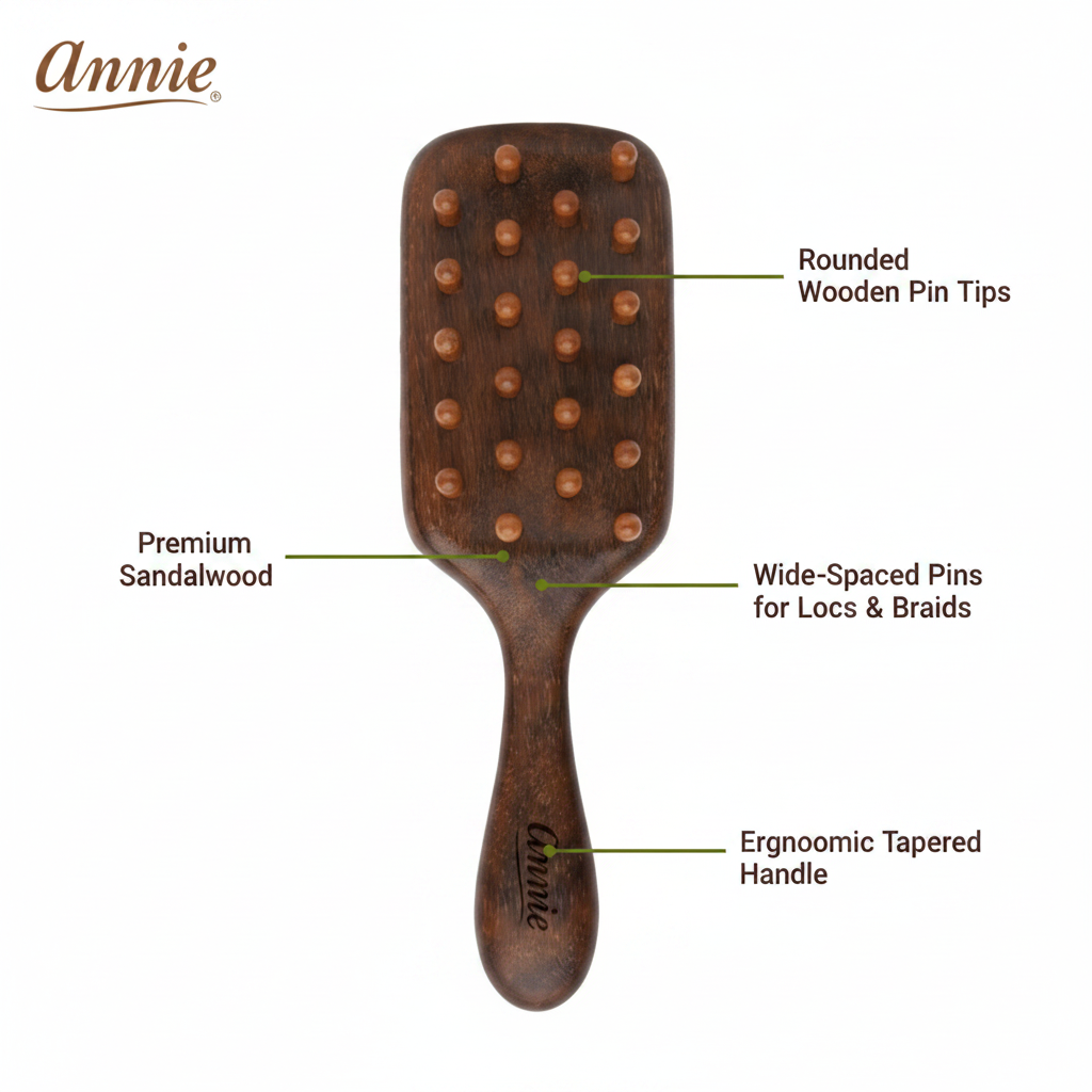 Wooden paddle brush made of premium sandalwood with wide-spaced rounded pins designed for locs and braids, featuring an ergonomic tapered handle for comfortable use.