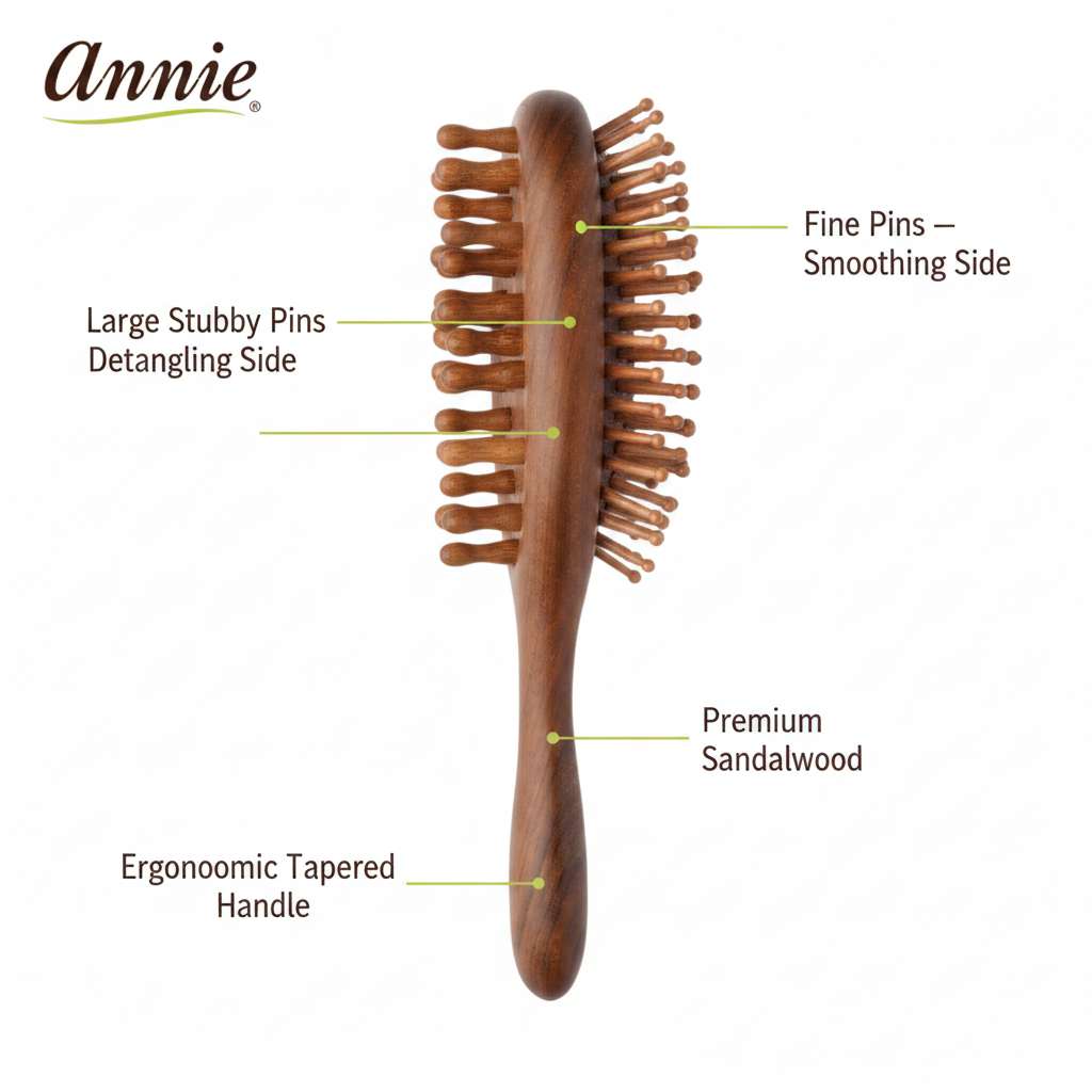 Wooden hairbrush with ergonomic tapered handle, featuring large stubby pins for detangling on one side and fine pins for smoothing on the other, made of premium sandalwood by Annie International.