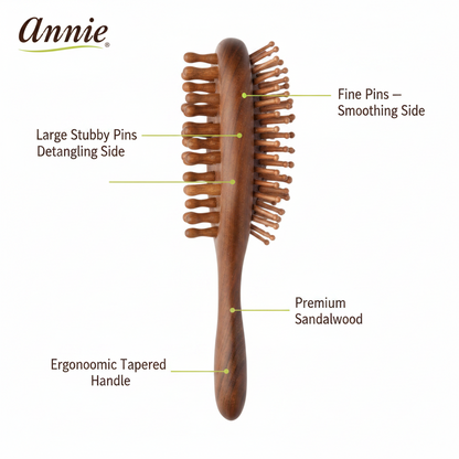 Wooden hairbrush with ergonomic tapered handle, featuring large stubby pins for detangling on one side and fine pins for smoothing on the other, made of premium sandalwood by Annie International.