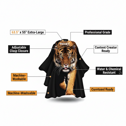 PrimeX Premium Professional Barber Cape, 1 Count, Tiger with extra-large 63.5 by 55 inches size, adjustable clasp closure, machine-washable, water and chemical resistant fabric, ideal for professional and content creator use.