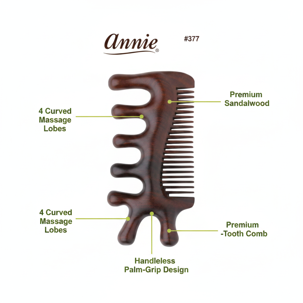 Annie massage comb made from premium sandalwood featuring a handleless palm-grip design, four curved massage lobes, and fine-tooth comb for textured, multicultural hair care.