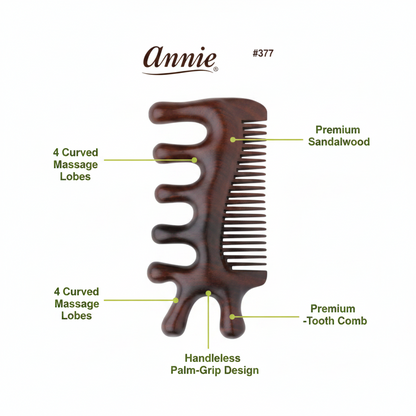 Annie massage comb made from premium sandalwood featuring a handleless palm-grip design, four curved massage lobes, and fine-tooth comb for textured, multicultural hair care.