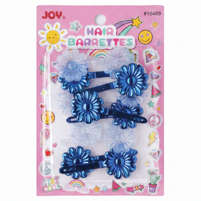 A set of four blue flower-shaped hair barrettes in a pink 'JOY Hair Barrettes' blister pack, shown against a plain white background.