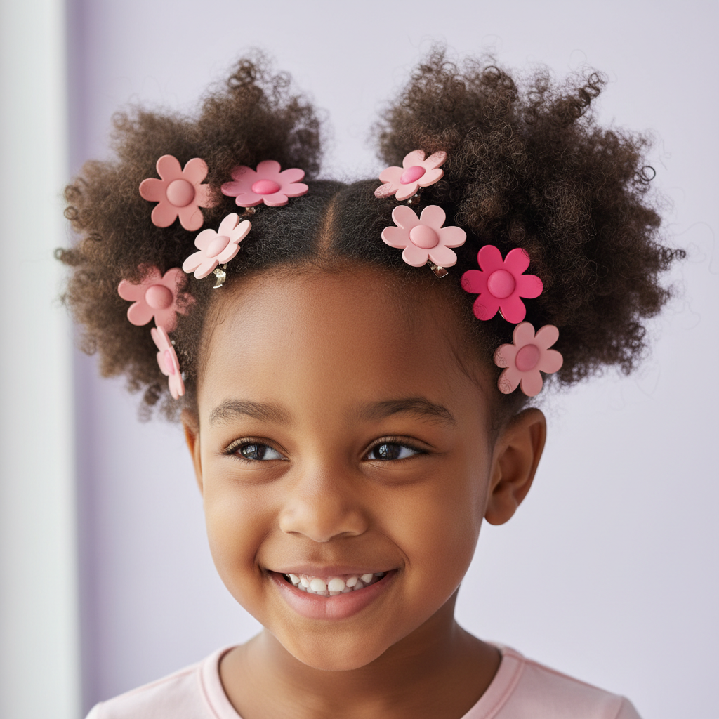 Smiling young girl with natural textured hair styled in two puff ponytails adorned with multiple pink flower-shaped hair clips, wearing a light pink shirt against a soft lavender background.