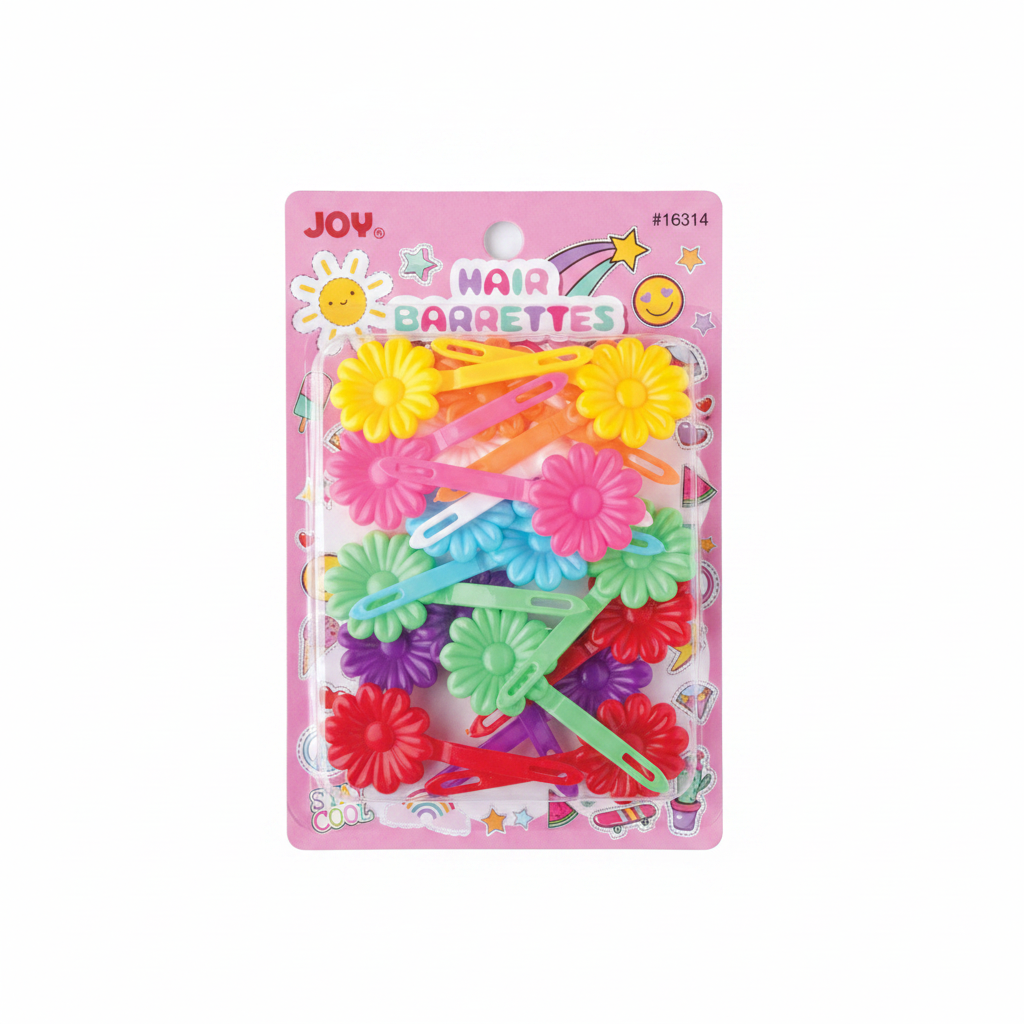 Assortment of colorful plastic snap hair clips shaped like daisies in bright yellow, pink, blue, green, purple, and red, displayed on a pink card with cheerful icons and Joy branding.
