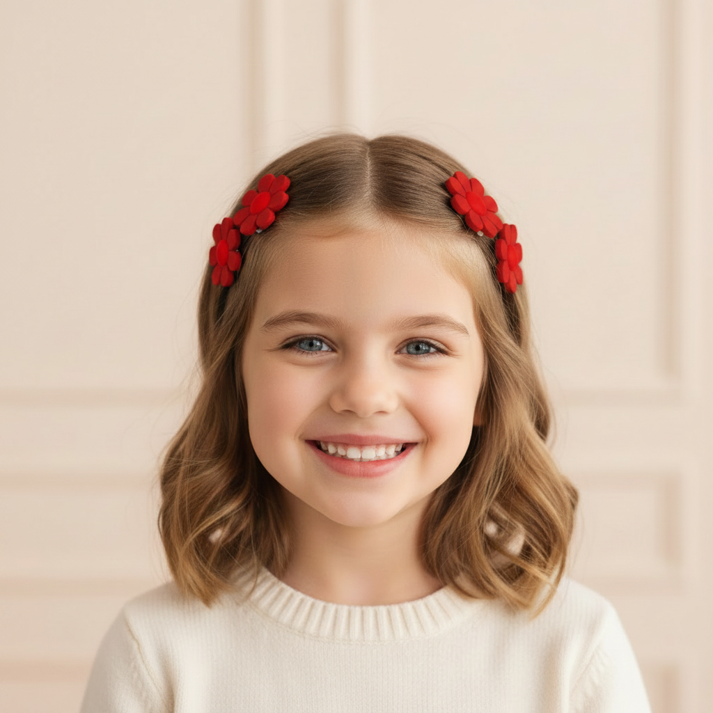 Joy Kids Hair Barrettes – 12Ct Red Daisy Snap Clips – Annie