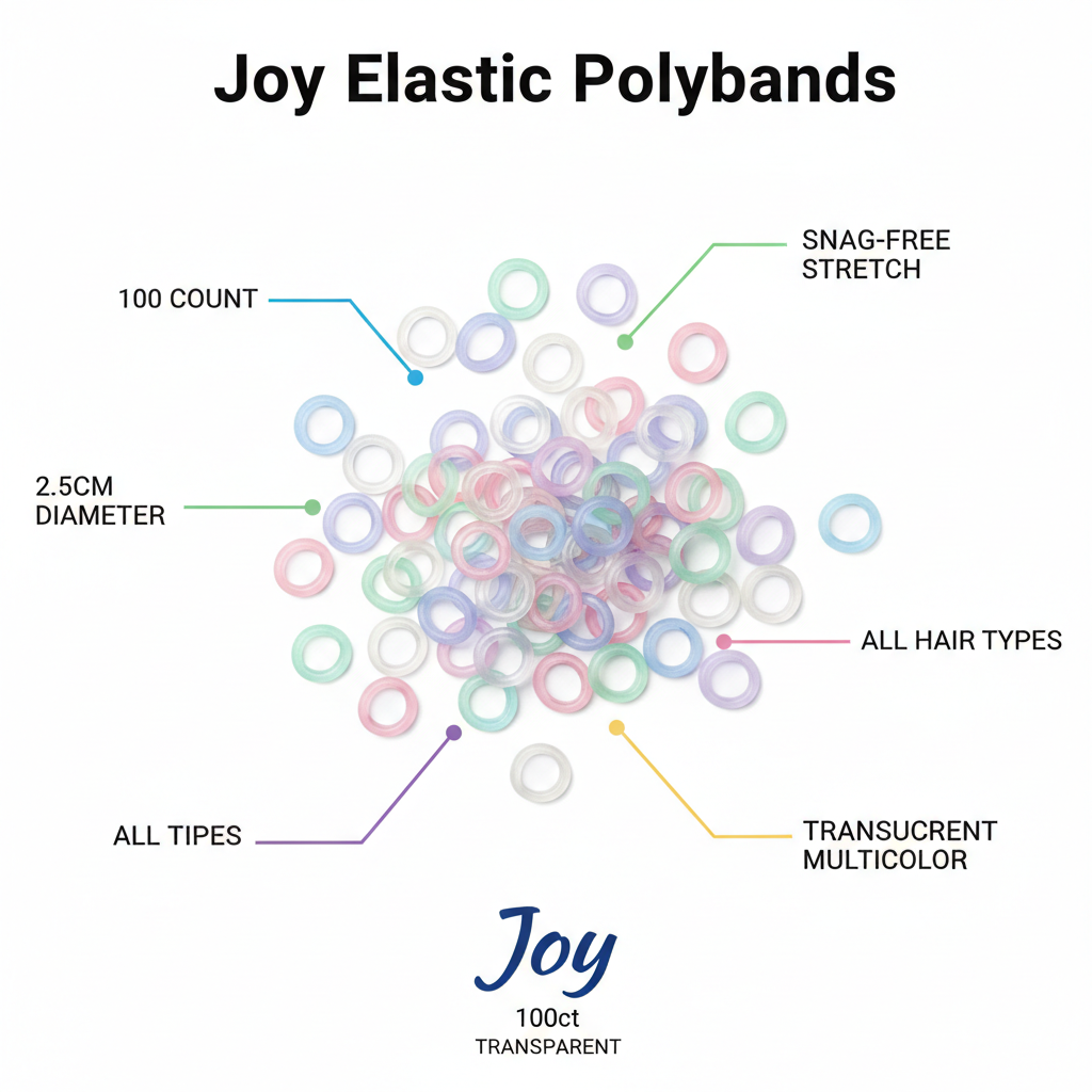 Joy Elastic Hair Polybands 2.5cm Diameter, 100 Count, Transparent featuring translucent multicolor polybands with snag-free stretch, suitable for all hair types in a bulk pack for versatile styling.