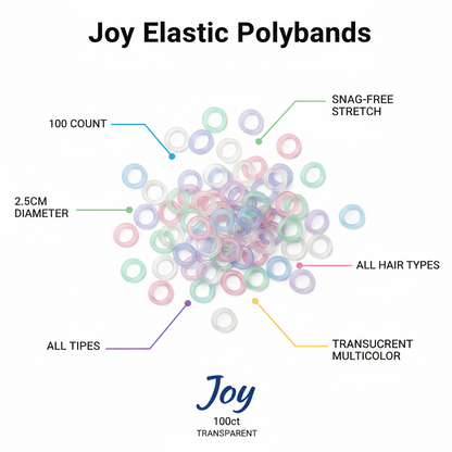 Joy Elastic Hair Polybands 2.5cm Diameter, 100 Count, Transparent featuring translucent multicolor polybands with snag-free stretch, suitable for all hair types in a bulk pack for versatile styling.