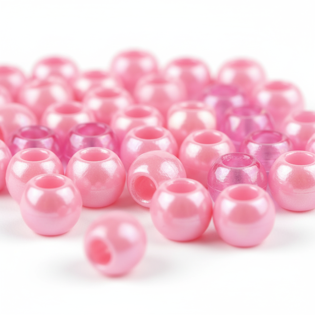 Close-up view of large pink pearl hair beads in soft glossy shades, designed for easy use in braiding and styling textured and natural hair.